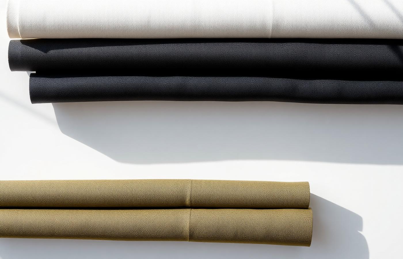 Folded premium fabric rolls in cream, black and olive
