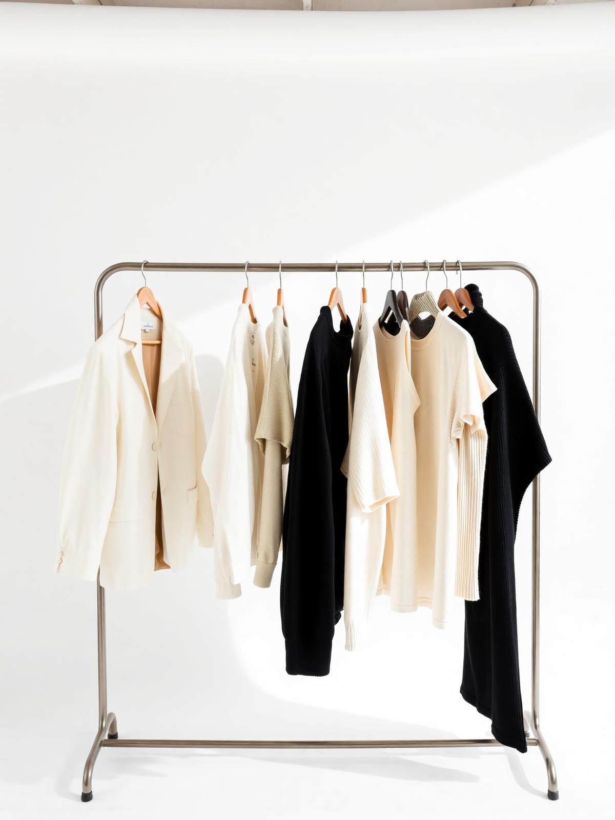 Garment rack with a sample collection in cream, olive and black