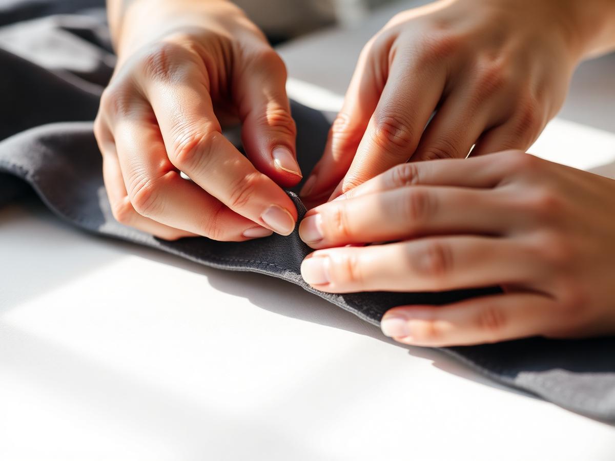 Hands inspecting a stitched garment seam during quality control